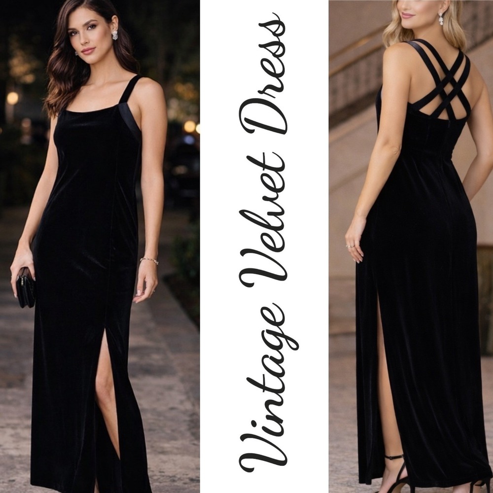 Vintage Black Velvet Midi Dress Strappy Back Square Neck Minimalist Y2K, Size 8‎